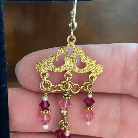 Pink Swarovski Beaded Chandelier Earrings with Gold-tone Victorian Design - Picture 6 of 11